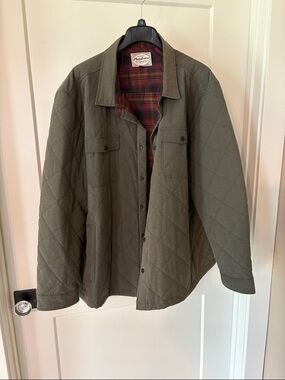 Flag and Anthom Olive Green Quilted Shirt Jacket with Red Plaid Lining
